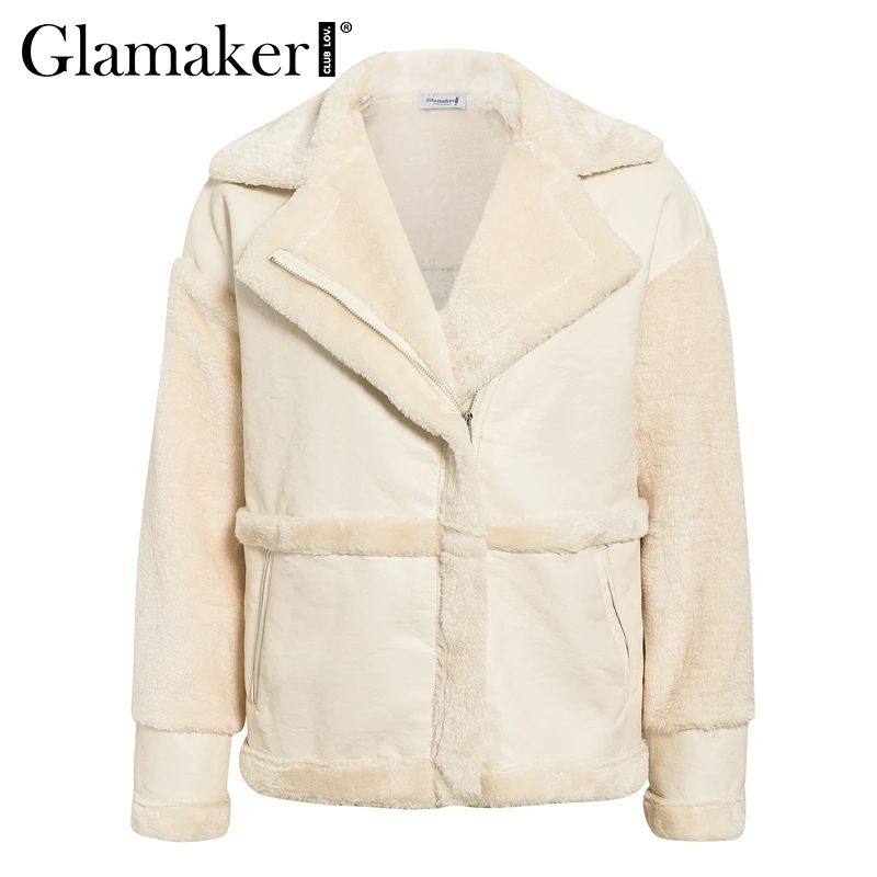 Glamaker/пальто из искусственного меха, овечья кожа, женская верхняя одежда, удобная повседневная теплая куртка с карманами, плюшевый мех, женская зимняя куртка с подкладкой, куртка в русском стиле - Цвет: Бежевый