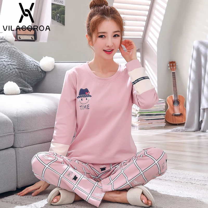 Beste Herfst Winter Katoen Afdrukken Vrouwen Pyjama Ronde Hals Lange Mouw Top Lange Broek Pyjama Set Vrouw Nachtkleding Meisjes Pyjama vrouwen