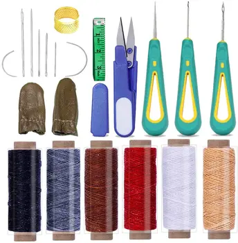 

LMDZ 21 Pieces Leather Sewing Kit, Leather Stitching Tools with Leather Needles, 6 Colors Waxed Thread, Scissors, Awl