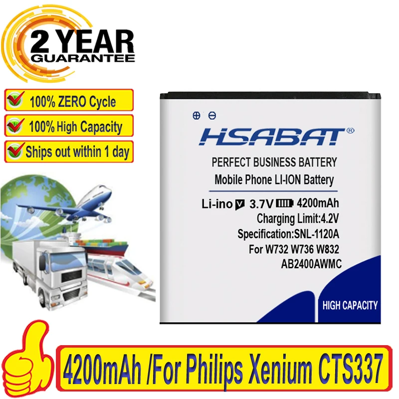 Аккумулятор HSABAT AB2400AWMC для Philips W736 W832 W732 D833 W737 W9588 W6500 100% мАч | Мобильные телефоны и