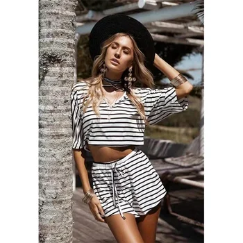 

2019 Two-Piece Suit Women Loose V-Collar Stripes Print Short-sleeved Tops+ Drawstring Short Two-Piece Suit conjuntos de mujer