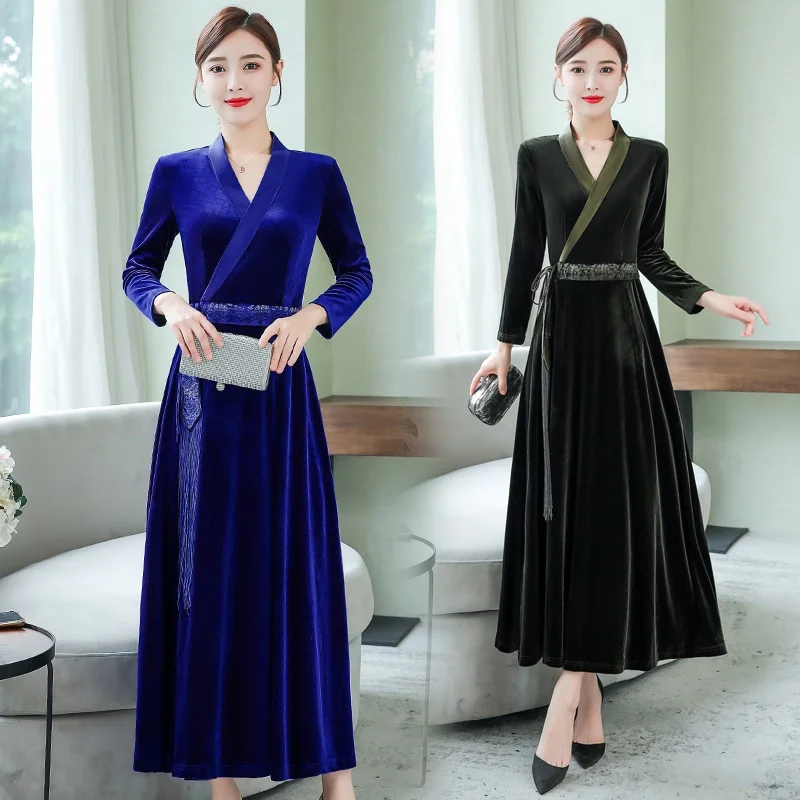 Весна осень Cheongsam современное китайское традиционное платье женское золото бархат Cheongsam Королевский синий TA2122