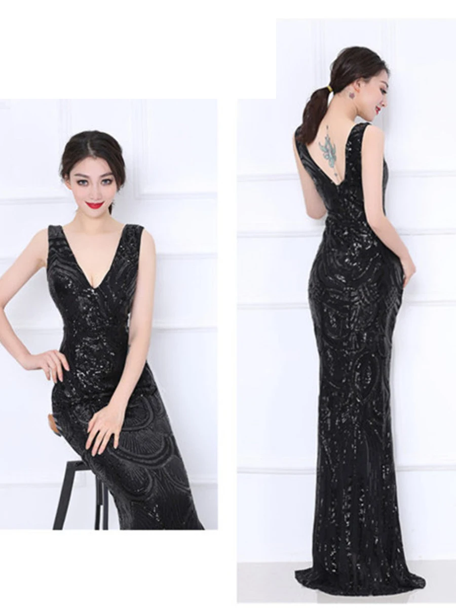 Вечернее платье, шикарное, с блестками, элегантное, Robe De Soiree, v-образный вырез, без рукавов, вечерние платья для женщин, Русалка, вечернее платье, F243-2