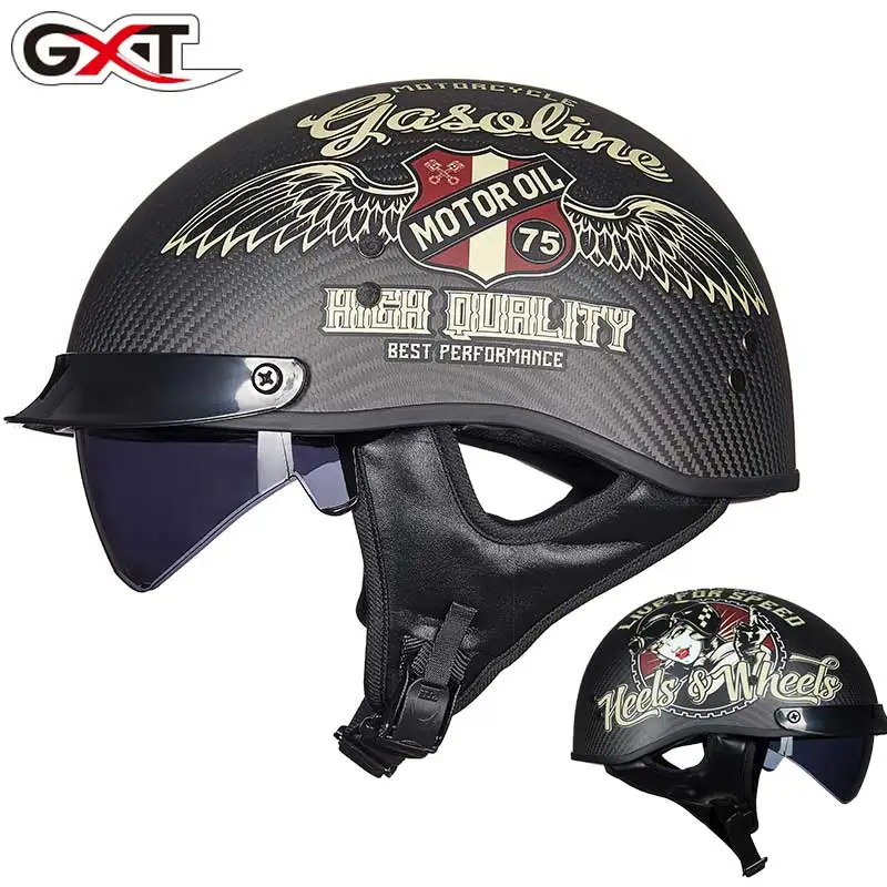 GXT Carbon Fiber half helmet Vintage Men's Motorcycle Retro Women's scooter Punk Skull style Moto casco Dot Casque | Автомобили и