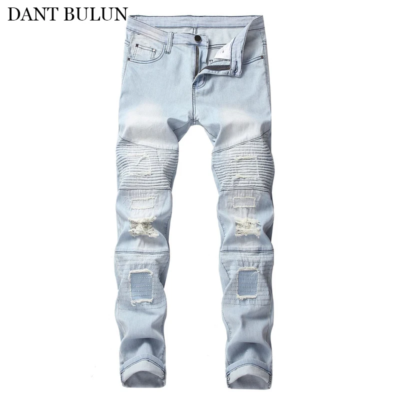 

Jeans Men Stretch Denim Pants Embroidery Patches Ripped Streetwear Hip Hop Slim Fit Biker Jeans Washed For Male Streetwear