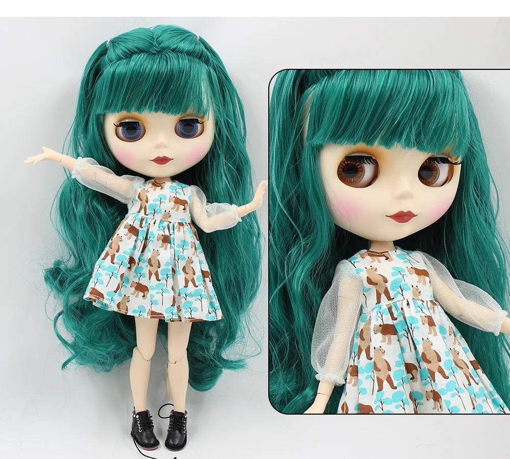 Neo Blythe Doll with Green Hair, White Skin, Matte Cute Face & Custom Jointed Body 1