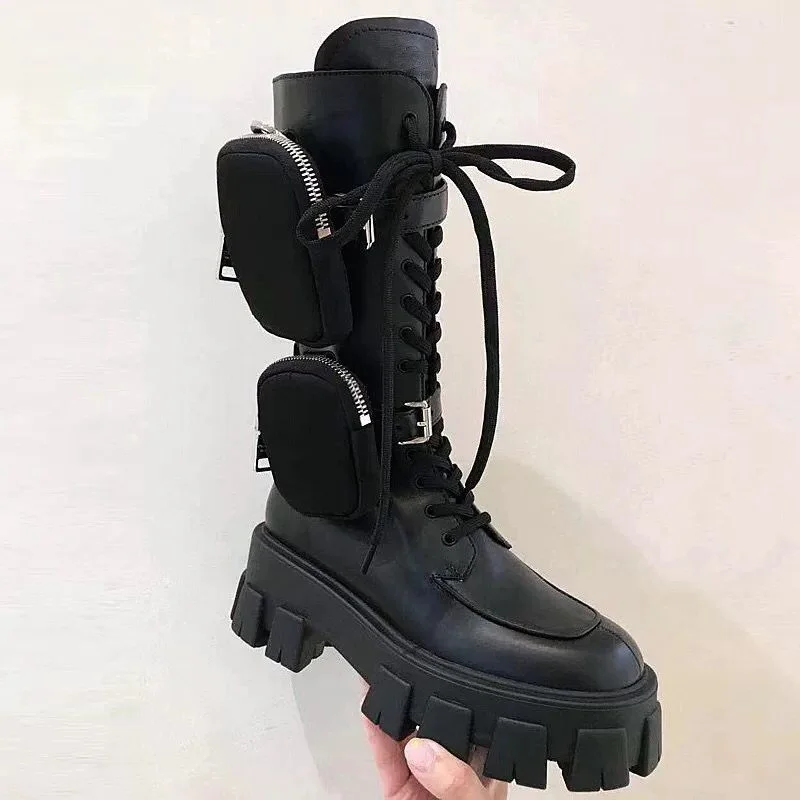 

FACNDINLL Fashion Thick Bottom Women Mid Calf boots Black Lace Up Zipper With Pocket Long Boots Autumn Winter Motorcycle boots