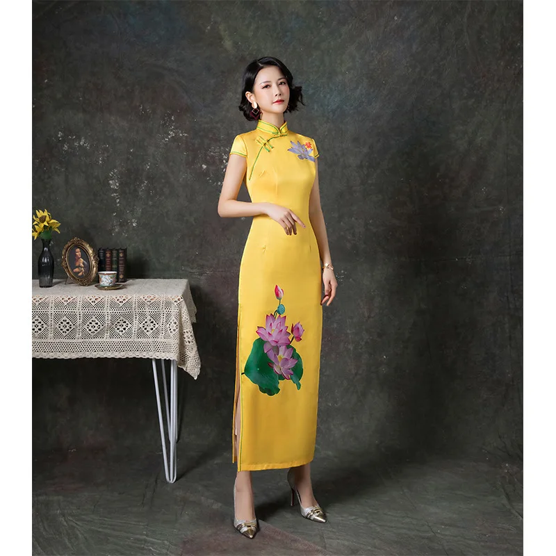 

Sheng Coco Women Plus Size Yellow Qipao 2020 Cheongsam Rayon Dresses Double-deck Long Lotus Flower Printing Retro Clothing