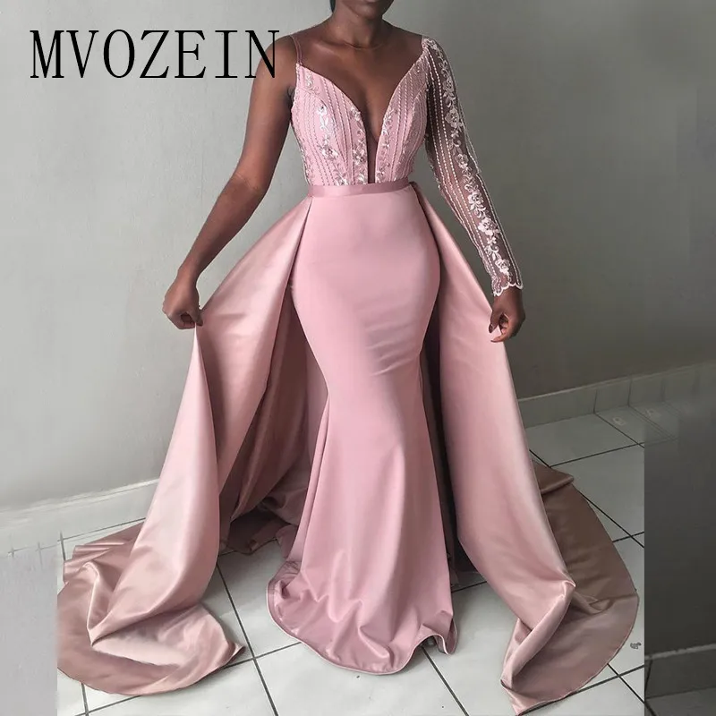 

Charming Pink Mermaid Evening Dresses One Shoulder Beading Long Evening Dress 2019 Party Dress Evening Gowns