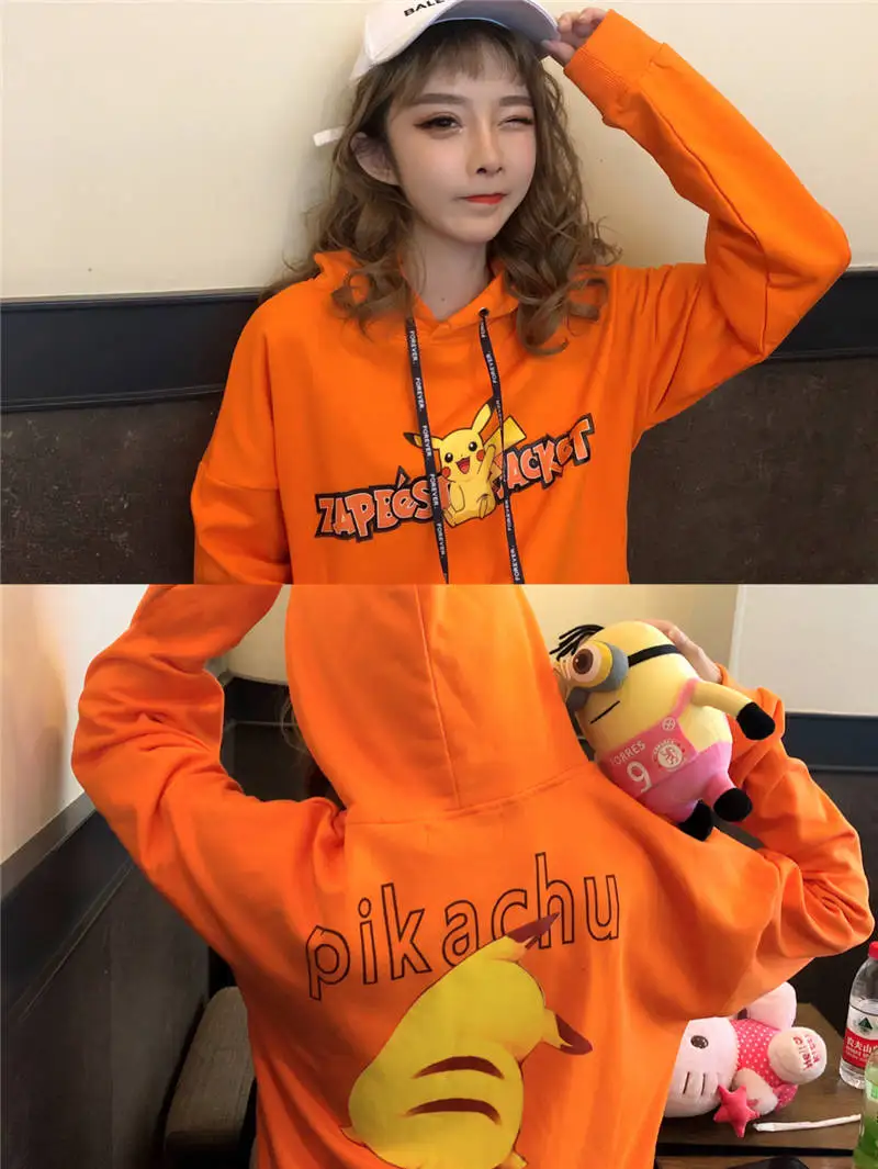 Kawaii толстовка с покемоном Женская милая японская кофта Harajuku Толстовка с длинным рукавом зимняя куртка Пикачу с капюшоном уличная одежда женские топы