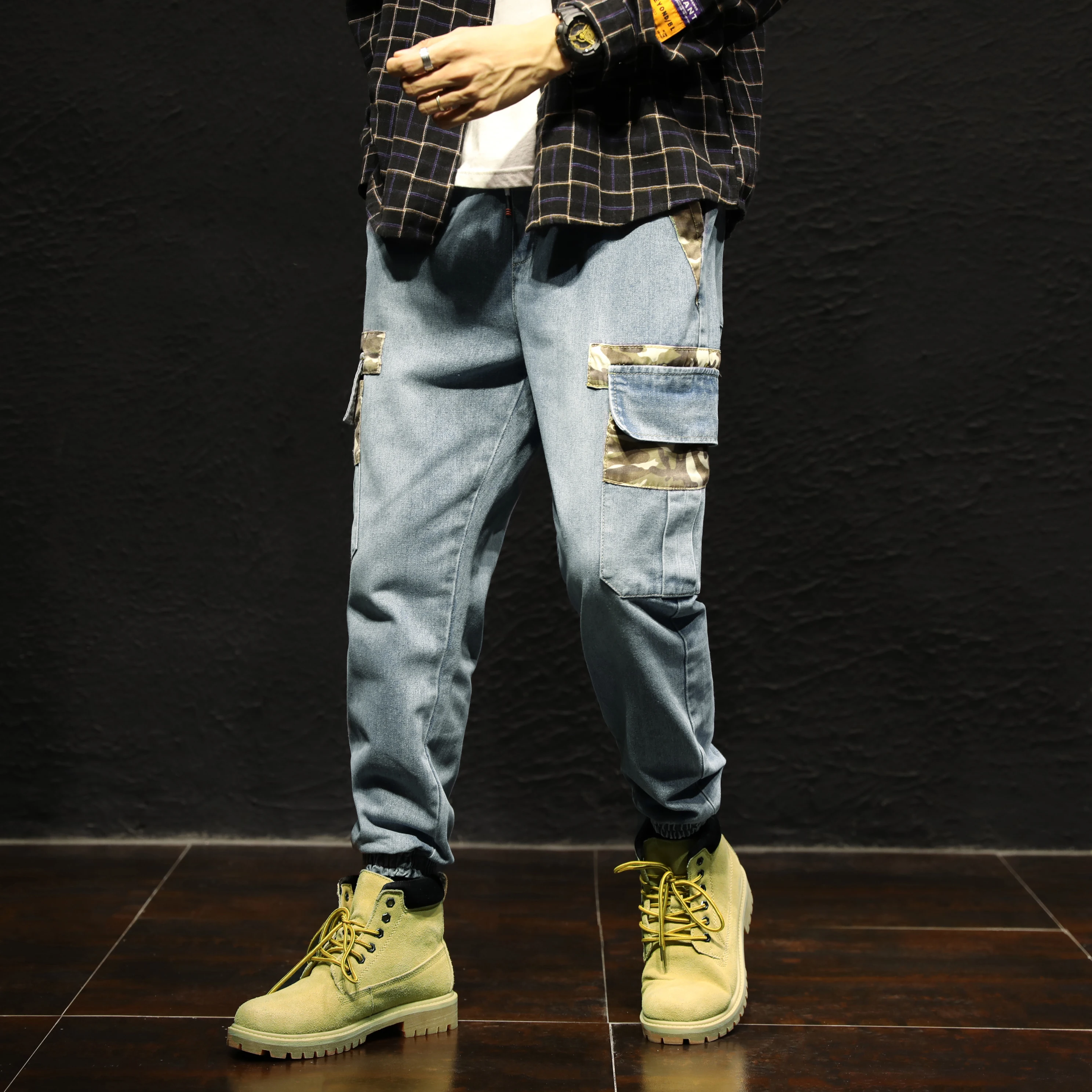 60% OFF Stretch men's jeans loose large size casual blue big men's long pants jeans Elastic waist M-7XL Camouflage clothing stitching