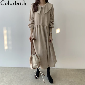 

Colorfaith New 2020 Spring Autumn Women Dresses Corduroy Doll Collar Lantern Sleeve Elegant Loose Pullover Dress Casual DR8068