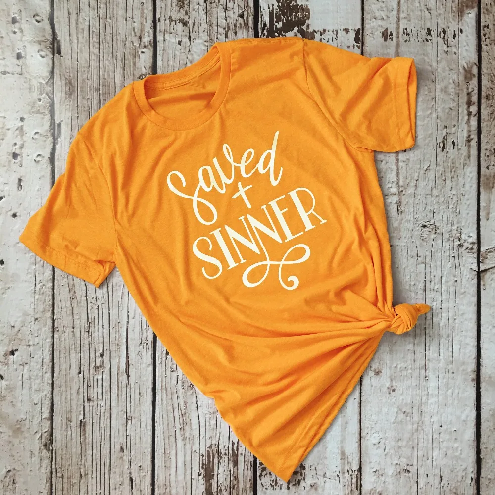 Woman Tops Saved Sinner T-Shirt Christian Jesus Yellow Funny Slogan Cross Graphic Aesthetic T-shirt Street Style Tumblr Tee | Женская