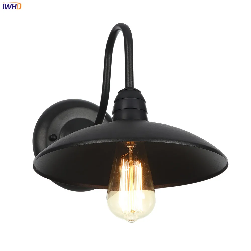 IWHD American Country Retro LED Wall Lights For Home Lighting Black Metal Bathroom Mirror Stair Light Glass Vintage Wall Lamp