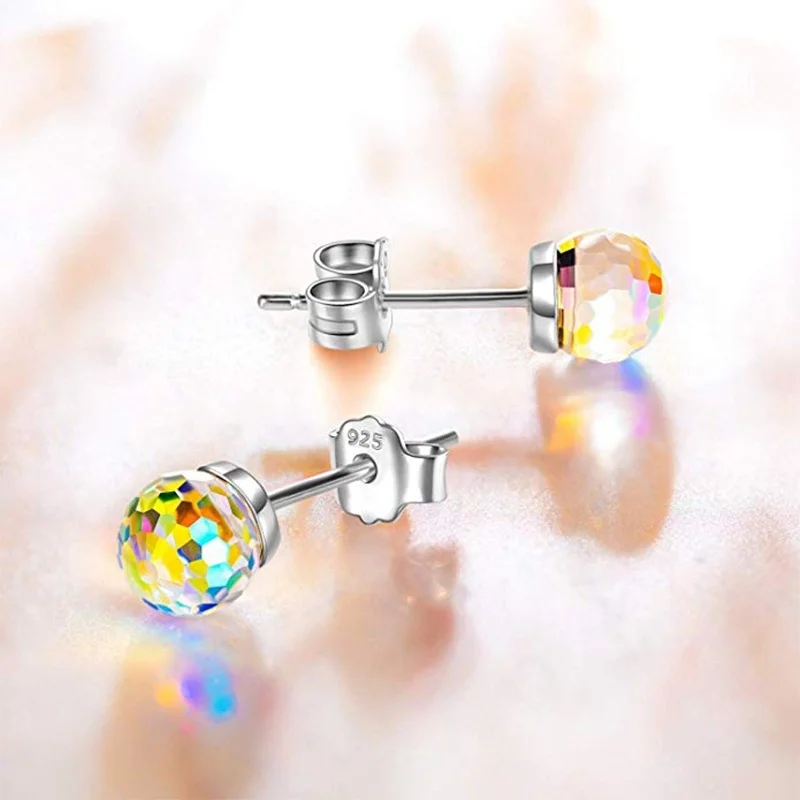 6mm 925 Sterling Silver Earrings Disco Ball Crystal Sparkling AB
