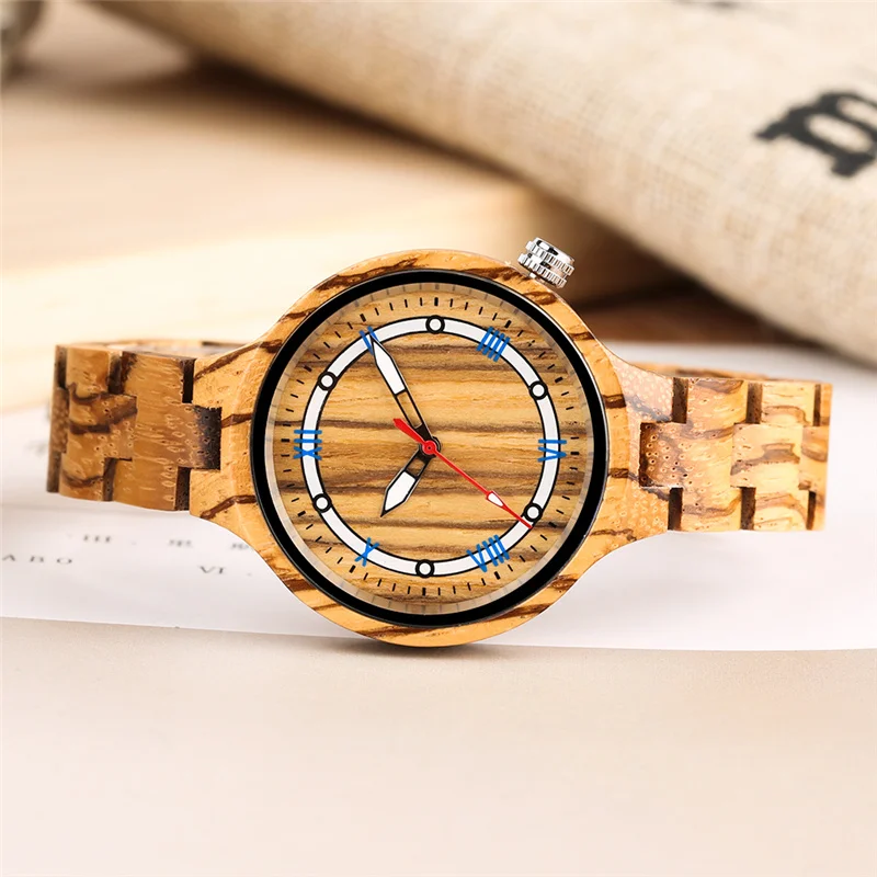 Handmade Ebony Wooden Clock Lady Quartz Analog Watches Luminous Pointers Roman Number Dial Wrist Watch to Women Wood Bracelet