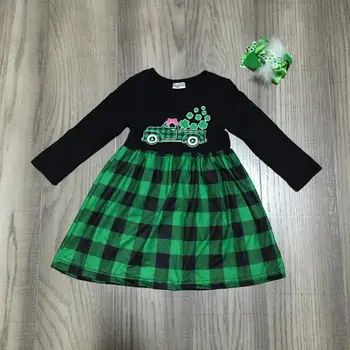 

baby girl clothes girls St Patrick‘'s day’ dress with truck Clover print girls green plaid dress with bow wholesale