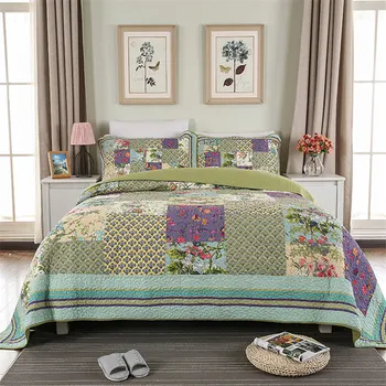 

Plaid Patchwork Bedspreads Double Cotton Quilted King Handmade Floral Bed Cover Reversible Summer Quilt Set Coverlet 3 pcs