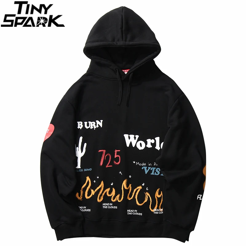Harajuku Hoodie Pullover Sweatshirt Men Streetwear Fire-Flame Fleece Black Cotton Graffiti