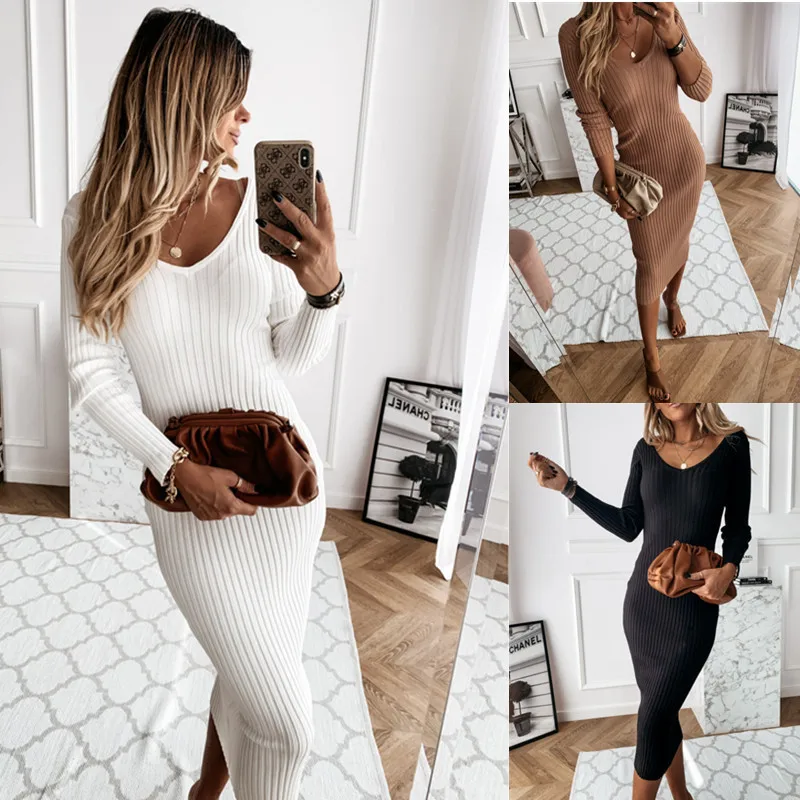 

Autumn And Winter Party Dresses For Women's, Long-sleeved V-neck Solid Color Knitwear, Female Midi Dress, Sexy Street Wear