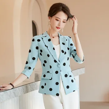 

Elegant Office Ladies Workwear Blazer Vintage Dots Print Three Quarter Women Single Button Blazers Jackets Slim Coats