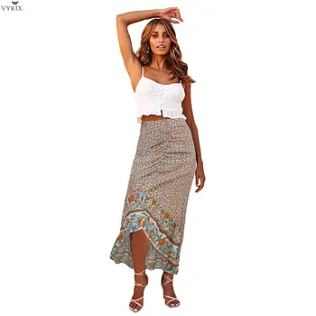

Women Spring Summer Pleated Skirts Floral Print High Waist Bohemian Skirt Beach Streetwear Irregular Clubwear Open Fork Bottoms