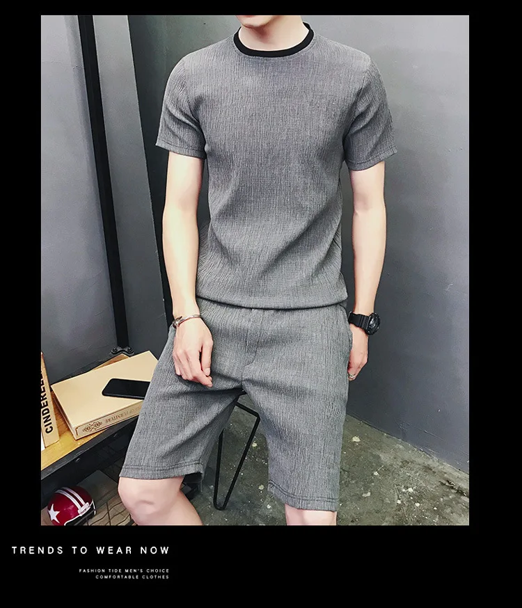 Мужские летние костюмы г. Новая стильная мужская футболка с короткими рукавами Модная тонкая одежда с короткими рукавами для студентов повседневный комплект из двух предметов с вырезом лодочкой