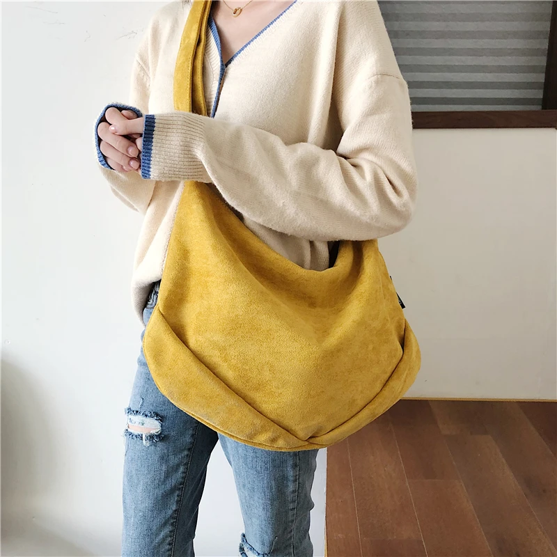 cheap Burminsa Korean Style Big Suede Crossbody Bags For Women Half Moon Girls School Hobos Ladies Shoulder Messenger Bags Autumn 2019