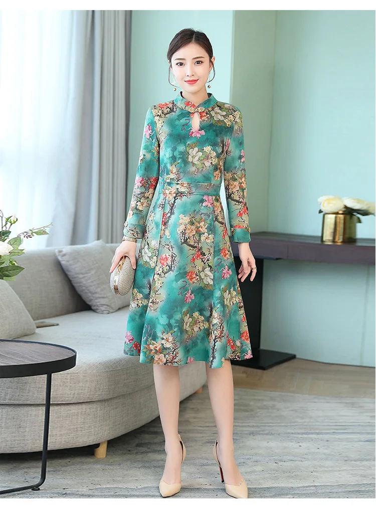 Оленья кожа бархат cheongsam платье осенняя одежда стиль женщин среднего возраста платье элегантный этнический стиль с длинным рукавом Mid-leng