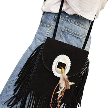 

Women's Fringe Cross Body Bag Bohemian Shoulder Bag Handbag with Feather Decoration