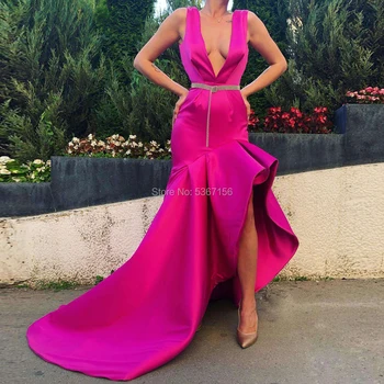 

Fuchsia Sexy Evening Dresses Mermaid Satin Deep V Neck Party Prom Dress Kaftans Evening Gowns Robe De Soiree