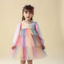 Весенние кружевные сетчатые платья для девочек, детские вечерние платья-пачки принцессы, милое Радужное платье, детская одежда,, 5 шт./лот