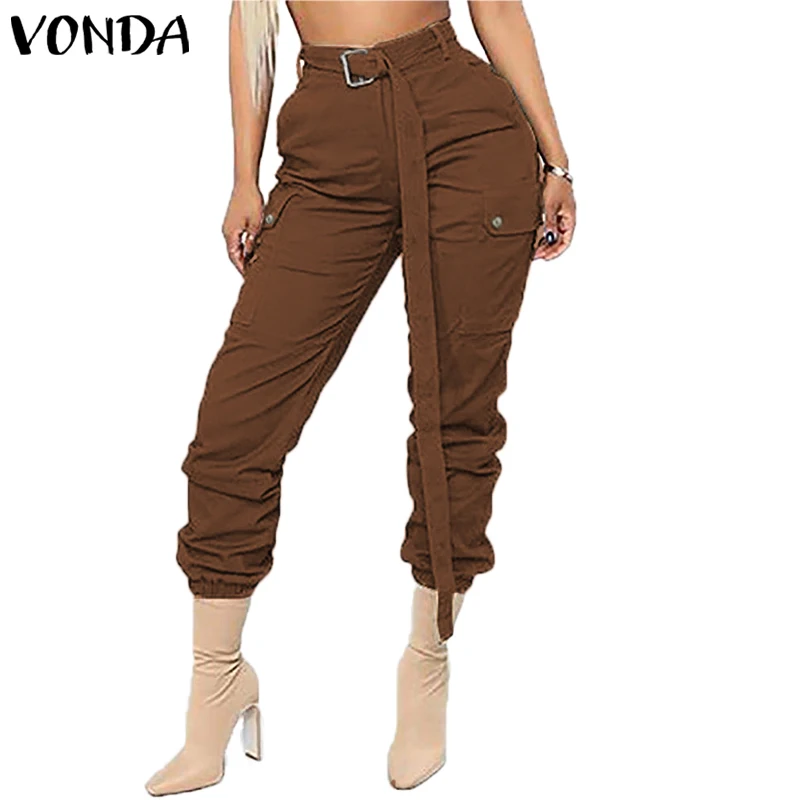 VONDA, модные штаны с поясом, женские повседневные однотонные штаны на пуговицах, женские брюки, женские офисные комбинезоны размера плюс - Цвет: Coffee