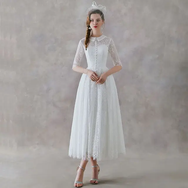 $US $71.99 2020 Lace Wedding Dress Vintage Tea Length Buttons Wedding Gown Princess Plus Szie Bridal Dresses vestidos de noiva