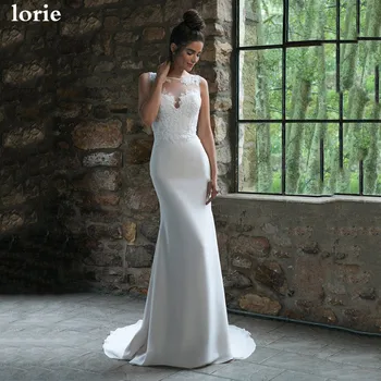 

LORIE Mermaid wedding dress 2020 Appliqued Lace Bride Dress See Through Back Soft Satin Wedding Gowns Vestido de Voiva