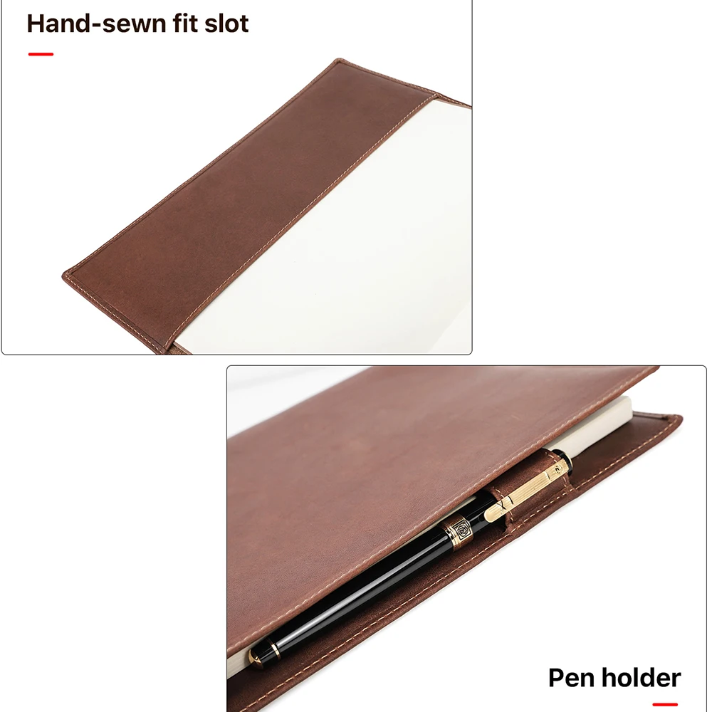 Retro Genuine Leather Book Cover Sleeve Protector with Pen Holder