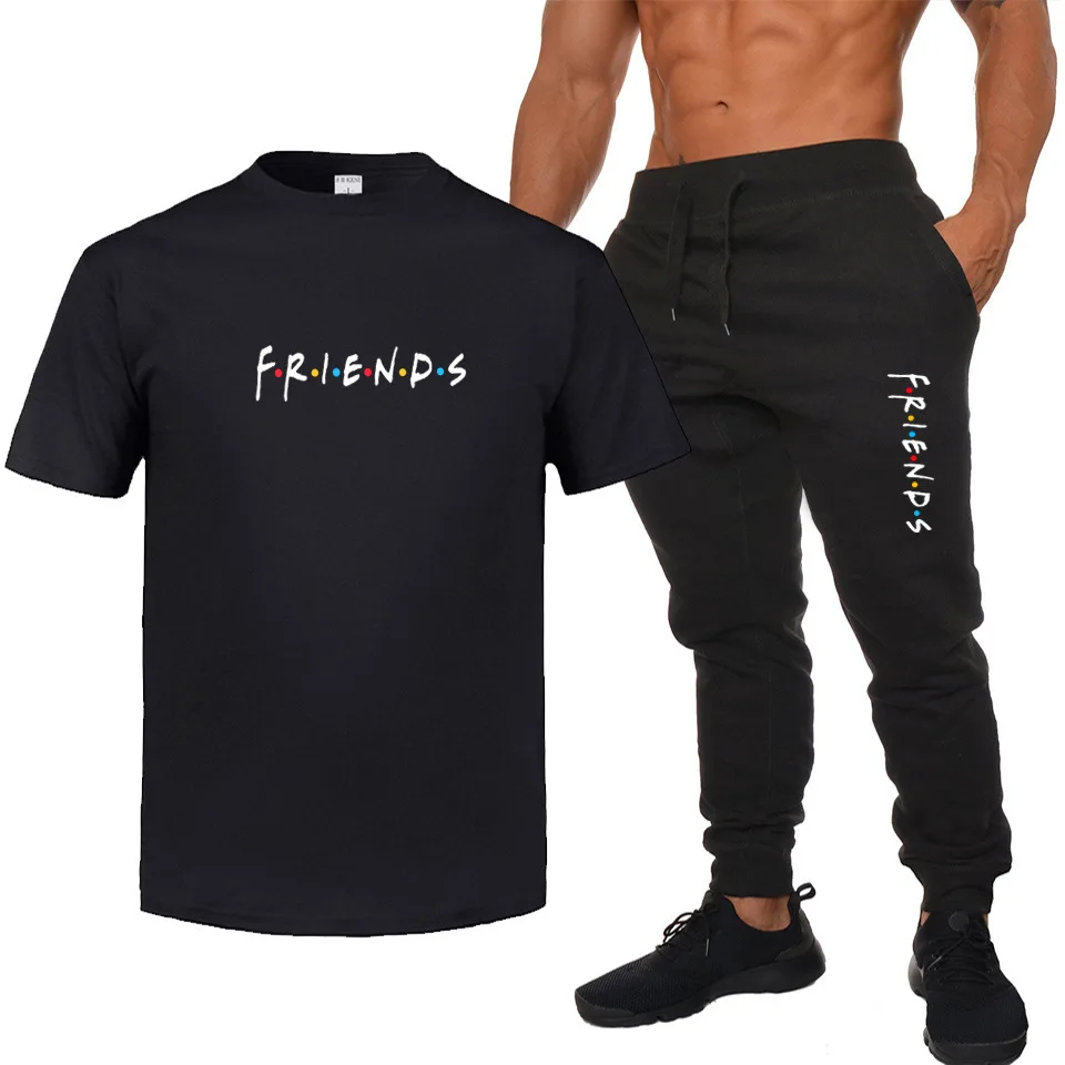 

Summer Europe And America Fashion Creative Lettered Friends Men's Loose-Fit Casual Short Sleeve Printed Crew Neck T-shirt Suit