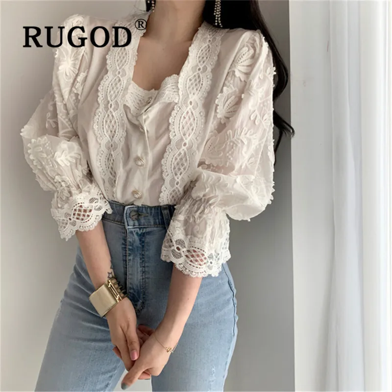 RUGOD Новая Осенняя однотонная блузка для женщин с квадратным воротником жаккардовая однобортная кружевная блузка модная женская Элегантная туника