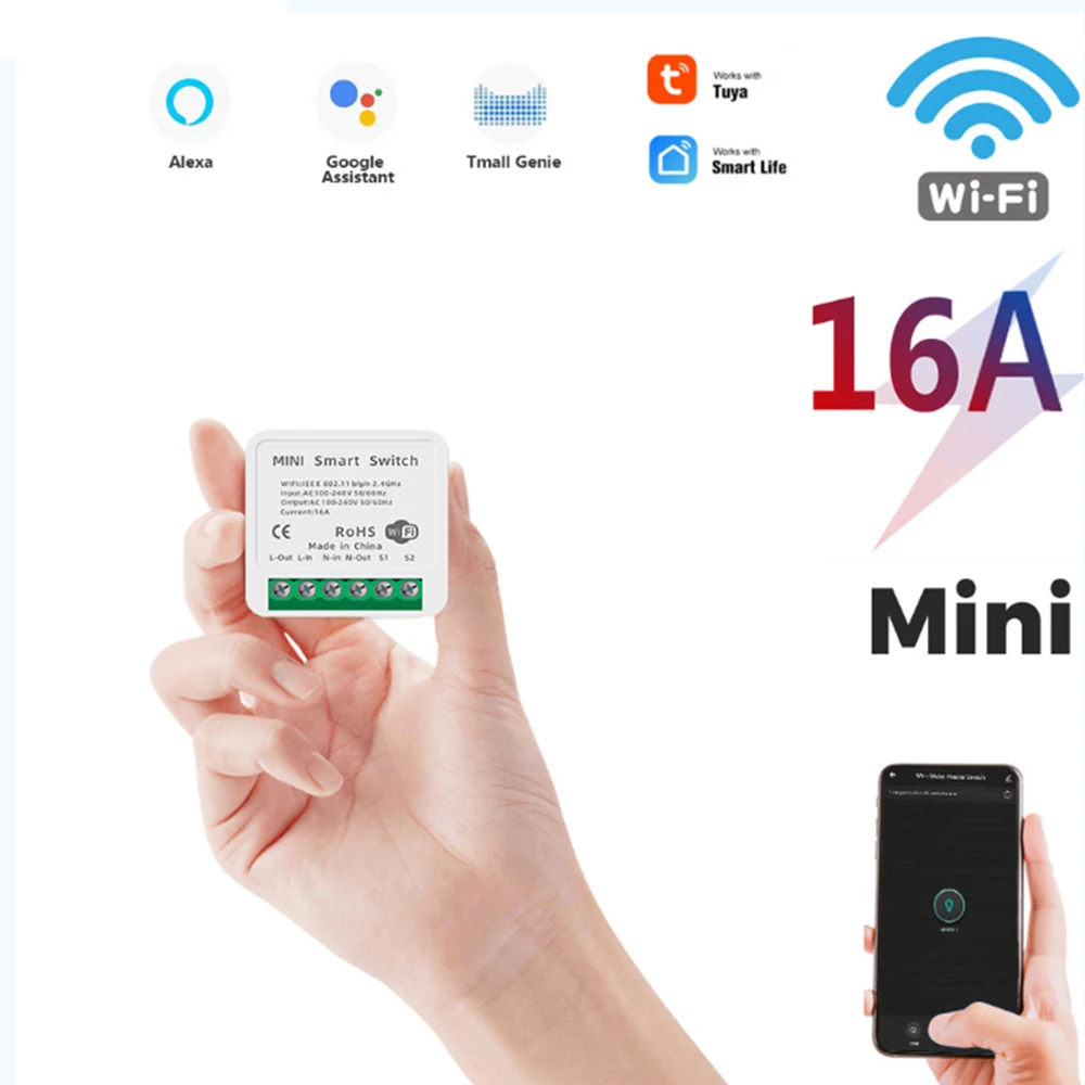 

1PCS 16A 2 Way Control Mini Smart Wifi DIY Switch Universal Smart Home Switch, Works with Alexa Google Home Smart Life App