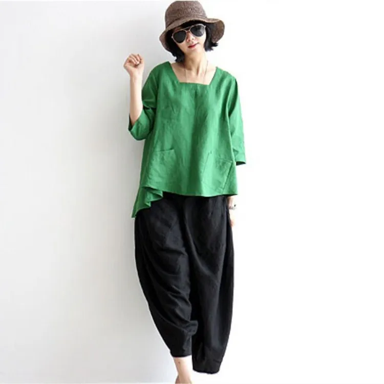 

Tide Vogue Women Asymmetrical Pockets Loose Blouses Square Collar Ladies Summer Vintage Cotton Linen Solid Tops