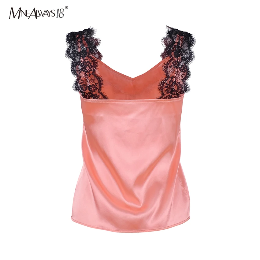 Mnealways18 розовый кружевной топ с v-образным вырезом, атласный Топ для женщин, летний сексуальный топ без рукавов на бретельках, топы, шелковая уличная одежда для женщин