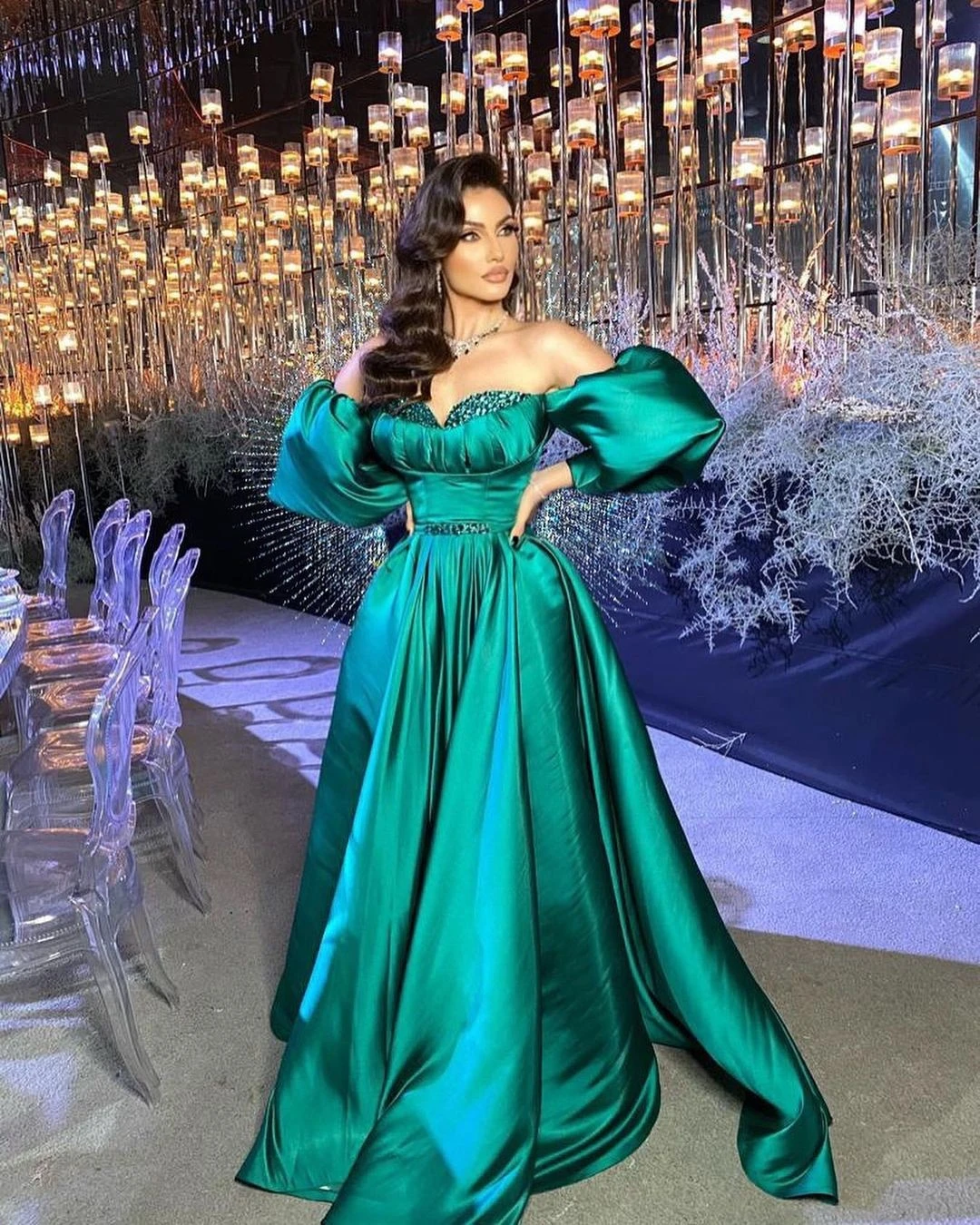 prom gowns BridalAffair 2022 Elegant Green Satin Prom Dresses Puffy Sleeves Sweetheart Crystals Beaded Long Ball Gown Arabic Evening Gown silver prom dresses