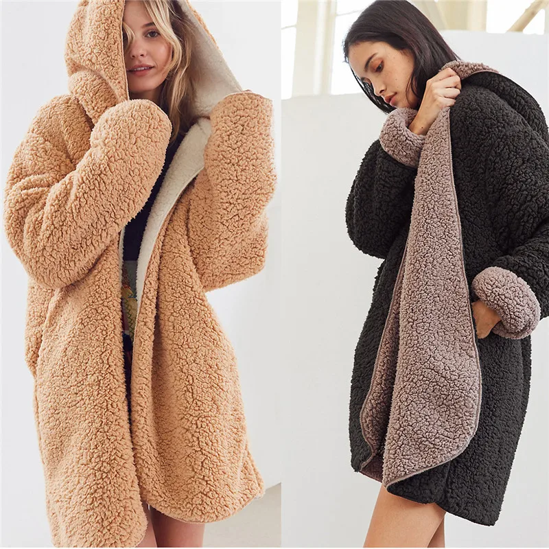 

Women Coats Winter 2019 Double-faced Coat Teddy Coat Warm Cardigan Long Coat Elegant Ivory Coat Korean Jacket Thick Hooded Coat