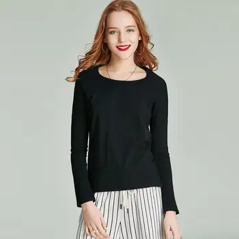 

HAVVA Spring and Autumn New Women’s Scoop Neck Slim Wild Full-sleeved T-shirt Female Tide T3211