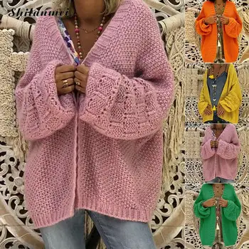 

Autumn Winter Sweater Coat Women Green Long Lantern Sleeve Oversize Loose Knitted Cardigan Causal Ladies Yellow Sweater Jacket