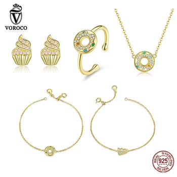 

VOROCO 925 Sterling Silver Jewelry Set Golden Sweet Donuts Jewelry Set Necklace & Bracelet & Ring & Earrings Women Fine Jewelry