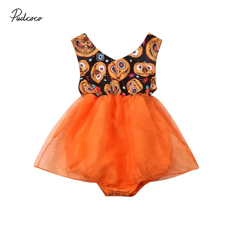 2019 Baby Halloween Clothing Newborn Infant Girl Pumpkin Tulle Bodysuit Dress Sleeveless Cartoon Chiffon Jumpsuit Sunsuit | Детская