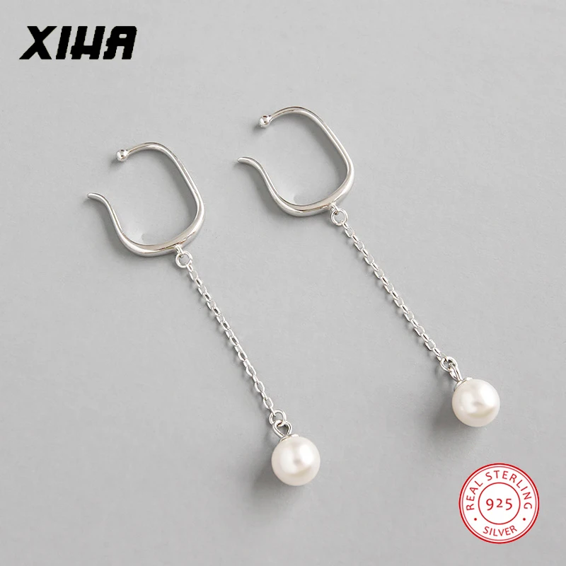 Сережки-каффы для ушей, корейские серьги-клипсы, длинные висячие серебряные 925 пробы, жемчужные серьги-клипсы для женщин, не прокалываются, клипсы для ушей, ювелирные изделия