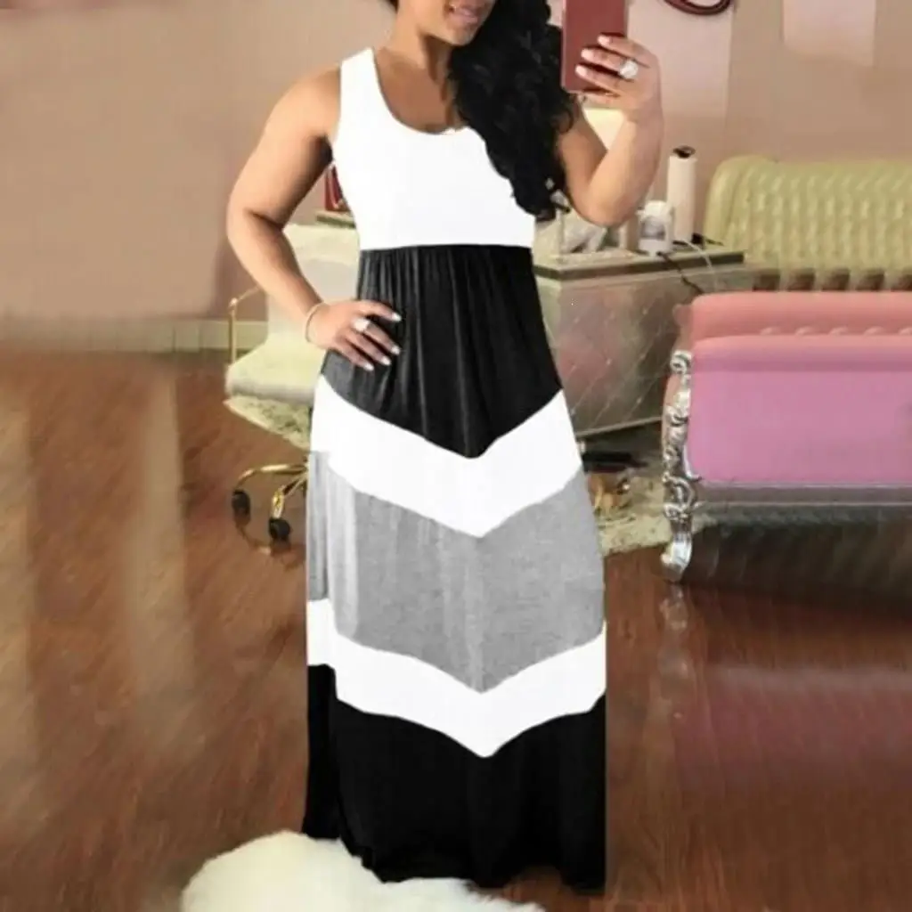 

Fashion 2019 Summer Loose Stripe Print Long Dress Mujer Women Stripe Stitching Casual Color Block High Waist Maxi Long Dress