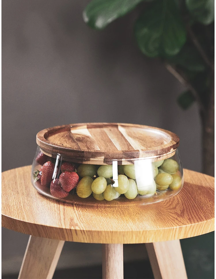 Transparent Glass Stylish Borosilicate Fruit Bowl With Real Bamboo Top - 7.9Inch